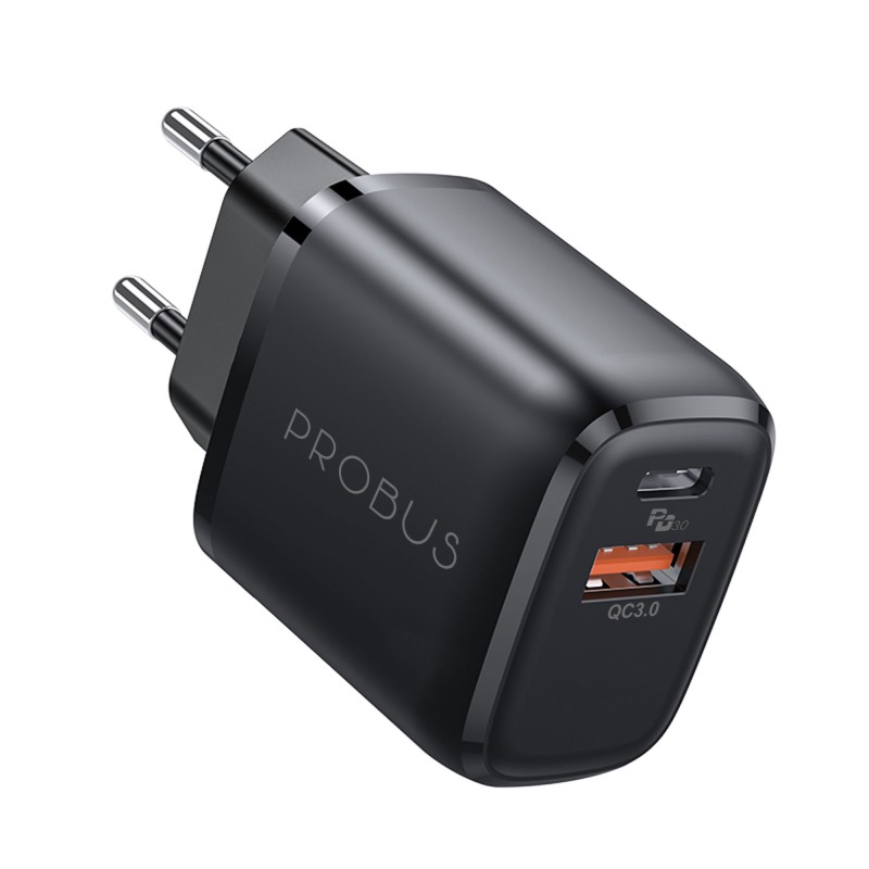 Probus 20W Fast Charger with Dual Output (USB+PD) Compatible with iPhone and All Mobile Smartphone | Black